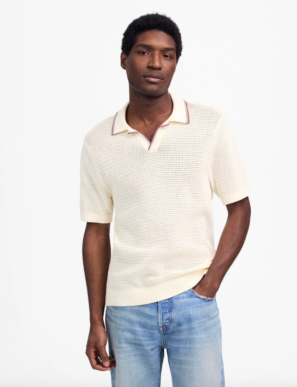Madewell Contrast Stitch Johnny Collar Sweater Polo Vintage Ivory Mens XS NWT